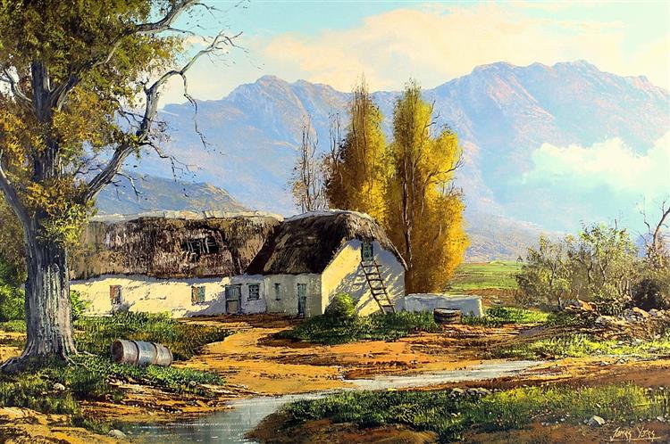 Farm Homestead and Mountains - Citrusdal, Western Cape, c.1970 - James Yates