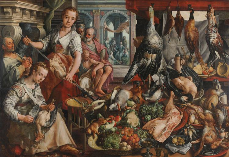 The well-stocked kitchen, with Jesus in the house of Martha and Mary in the background - Joachim Beuckelaer