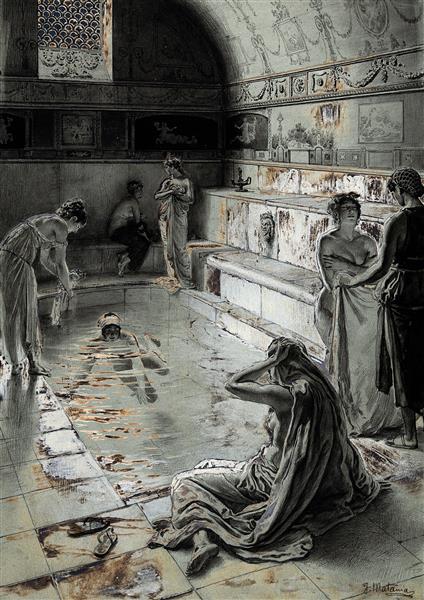 Women Bathing in a Roman Bath - Fortunino Matania