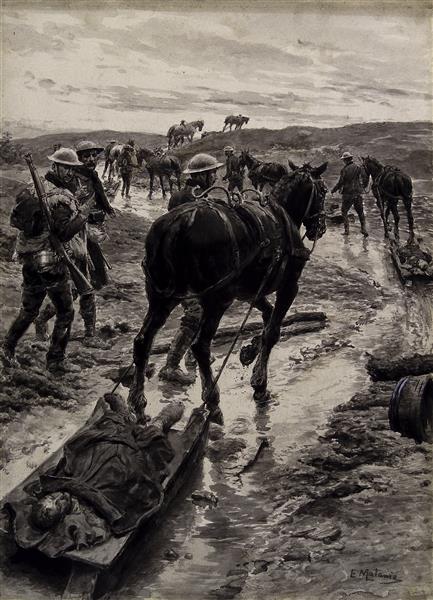 A horse is removing a wounded man on a sledge, c.1918 - Fortunino Matania