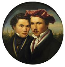Self-portrait with brother (he is the one on the right with the hat) - August Wilhelm Julius Ahlborn