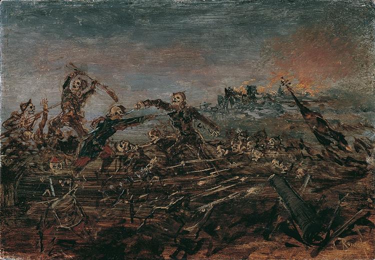 Dance of death on the battlefield in front of burning ruins, c.1882 - c.1885 - Антон Ромако