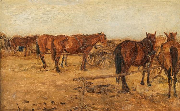 Unhitched horses and wagons - August von Pettenkofen