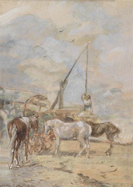 Horse and Covered Wagon at Rest at a Trough - August von Pettenkofen
