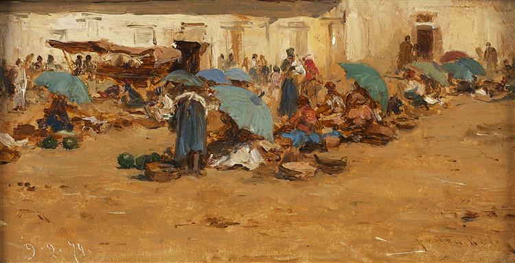 Hungarian market with blue umbrellas, 1874 - Август фон Петтенкофен