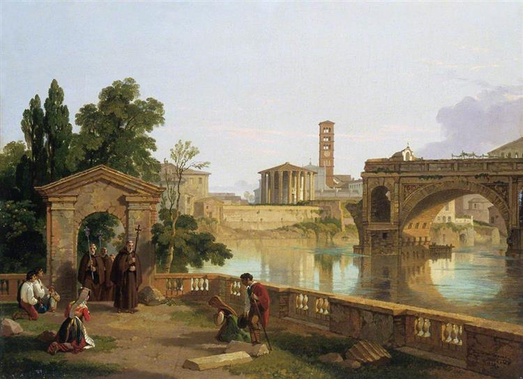 Tiber with the Temple of Hercules Victor, Santa Maria in Cosmedin and the Ponte Rotto seen from the Convent of San Barto, 1828 - Penry Williams