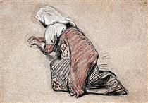 Kneeling girl in prayer (study for "Pilgrims at the Foot of the Statue of Saint Peter in Saint Peter's Church in Rome") - Leon Bonnat