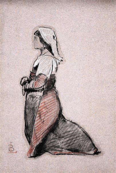 The kneeling girl in profile (study for the painting "Pilgrims at the foot of the statue of Saint Peter in the church of Saint Peter in Rome"), c.1864 - Леон Бонна