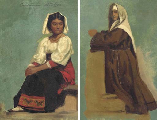 Costume Study of a Seated Woman and Italian Costume Sketch of a Kneeling Nun, c.1857 - c.1858 - Альберт Бірштадт