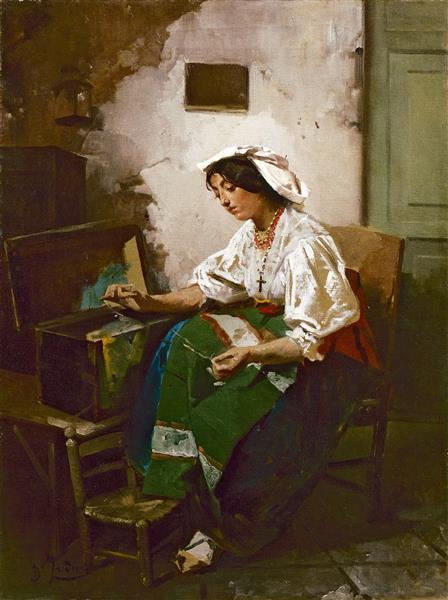 Girl sewing - Domenico Induno