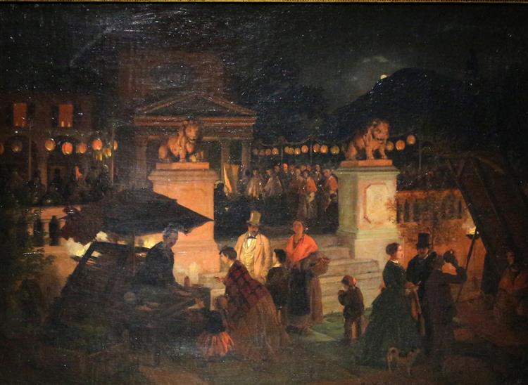 Procession with night party in the square of Gussago, 1869 - Angelo Inganni