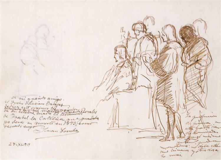 Seated figure surrounded by standing figures. Study for Isabella the Catholic dictating her will, c.1863 - Эдуардо Росалес