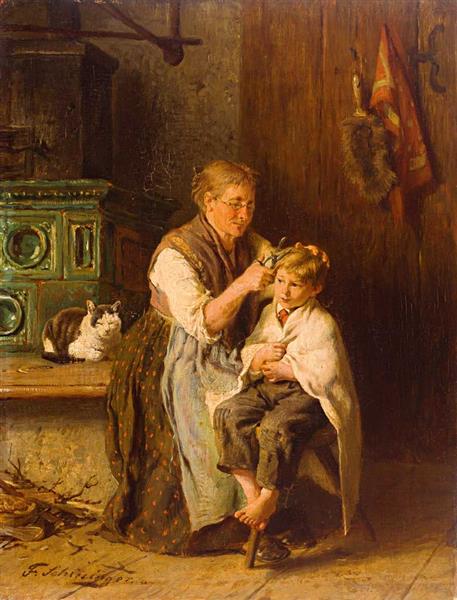 Mother cuts a boy's hair in the room with a tiled stove and a sleeping cat - Felix Schlesinger
