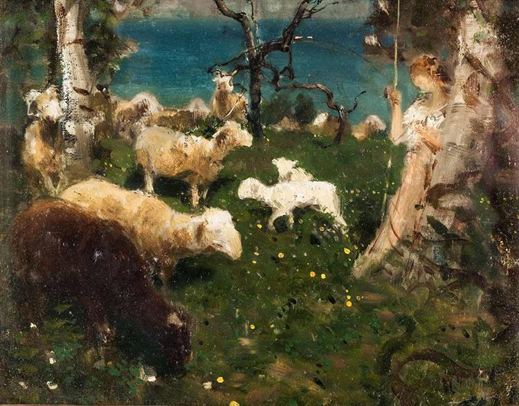 Shepherdess with flock - Francesco Paolo Michetti