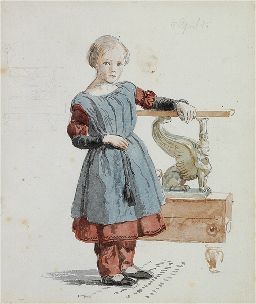Portrait of the daughter of the sculptor Hermann Ernst Freund, standing at one of her father's models of furniture (april, 5th), 1845 - Johan Thomas Lundbye