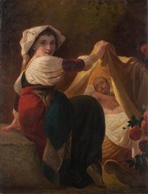 Young Neapolitan girl, showing the sleeping child in the cradle - Leopold Pollak
