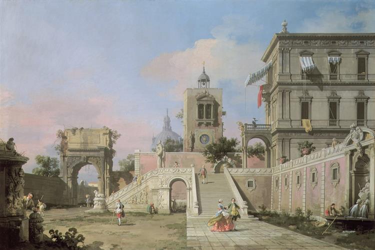 Capriccio of twin flights of steps leading to a palazzo, c.1750 - 加纳莱托
