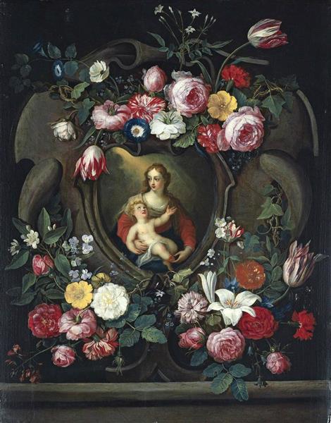 he Virgin and Child, in a Sculpted Cartouche, Surrounded by Garlands of Roses, Tulips, Carnations, Lillies and Other Flowers - Jan van Kessel the Elder