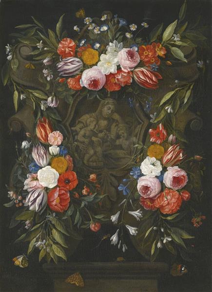 A Garland of Flowers Around a Sstone Cartouche Depicting the Virgin and Child and Saint John,, 1660 - Jan van Kessel the Elder