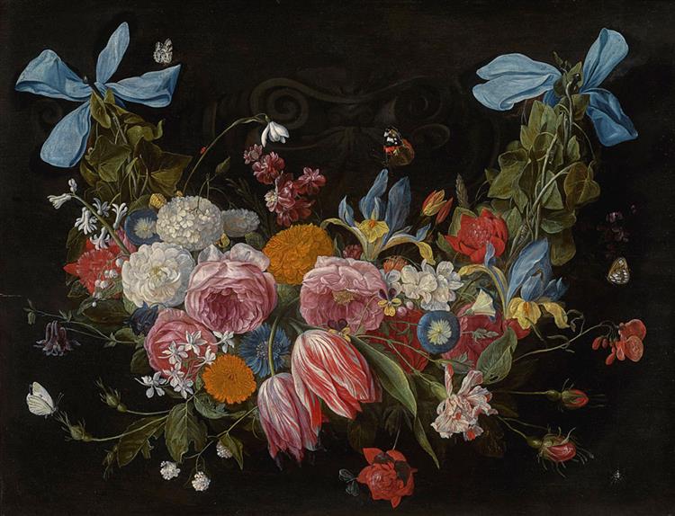 A Swag of Flowers Fixed with Two Blue Ribbons - Jan van Kessel the Elder