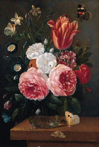 Roses, Cornflowers, a Poppy and a Tulip in a glass Vase on a Table with Moths, Beetles, a Caterpillar and Butterflies; and Roses, Jasmine, Convolvulus, Primula and a Tulip in a glass Vase on a Table with Butterflies and a Caterpillar - Jan van Kessel the Elder
