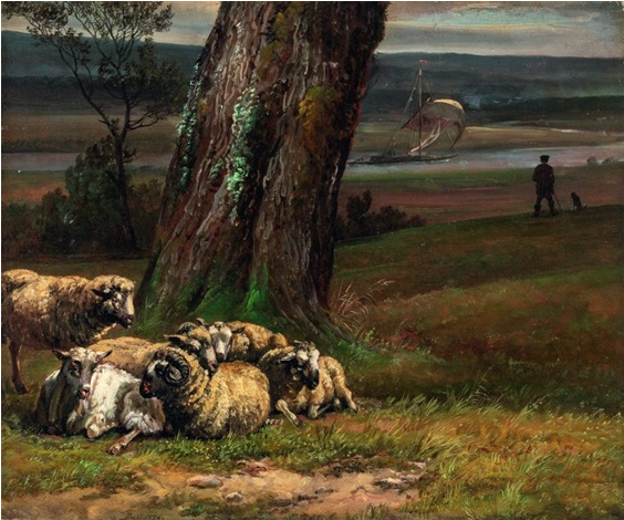 Elbe landscape with tranquil sheep, 1824 - Johan Christian Dahl