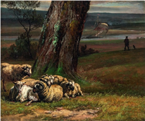 Elbe landscape with tranquil sheep - Johan Christian Dahl