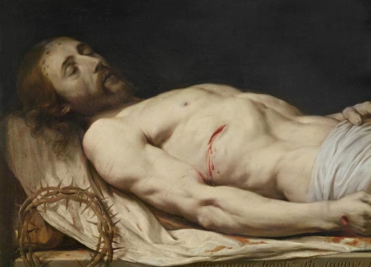The Dead Christ laid down on his Shroud detail of mid to upper body - Philippe de Champaigne