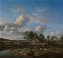 A Landscape with a Farm by a Stream - Adriaen van de Velde