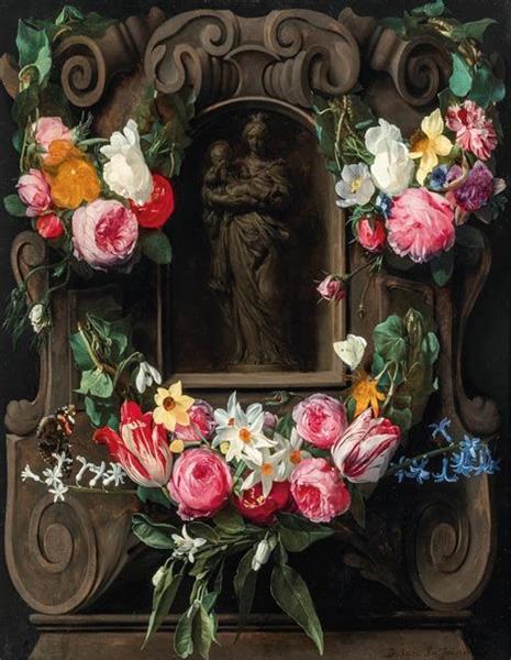 Swags of flowers surrounding a cartouche with the Virgin and Child - Daniel Seghers