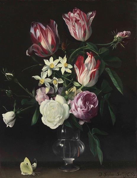 Roses, tulips, and narcissi in a glass vase, with a butterfly, on a ledge - Daniel Seghers
