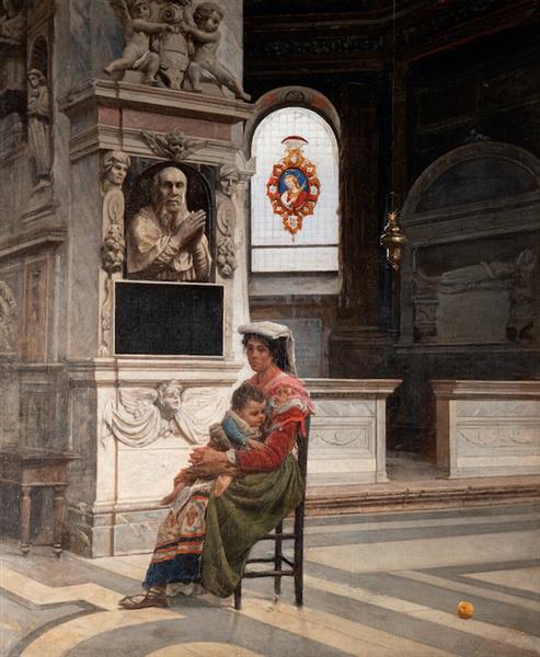 Mother with child inside the basilica of Santa Maria del Popolo in Rome, 1875 - Noè Bordignon