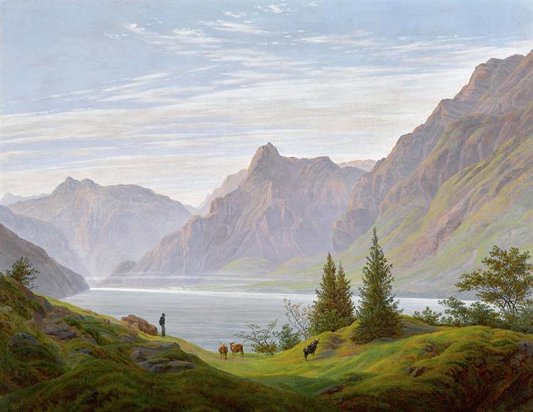 Landscape with Mountain Lake Morning - Caspar David Friedrich