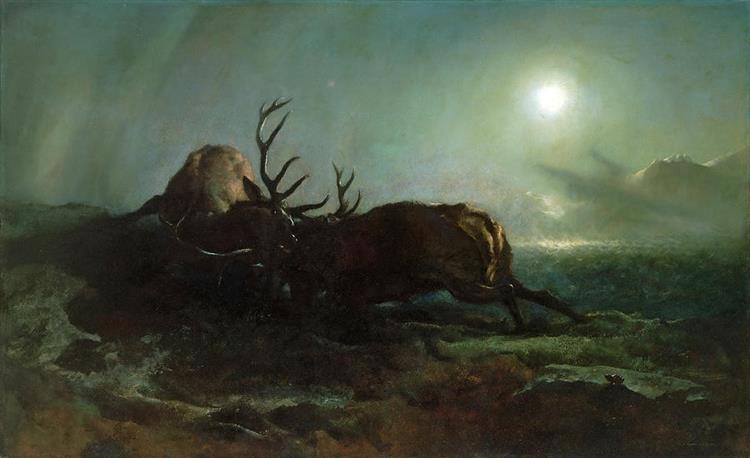 Night Two Stags Battling by Moonlight - Edwin Henry Landseer