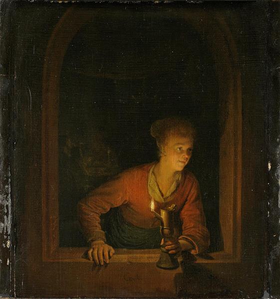 Girl with An Oil Lamp at a Window - Gerard Dou