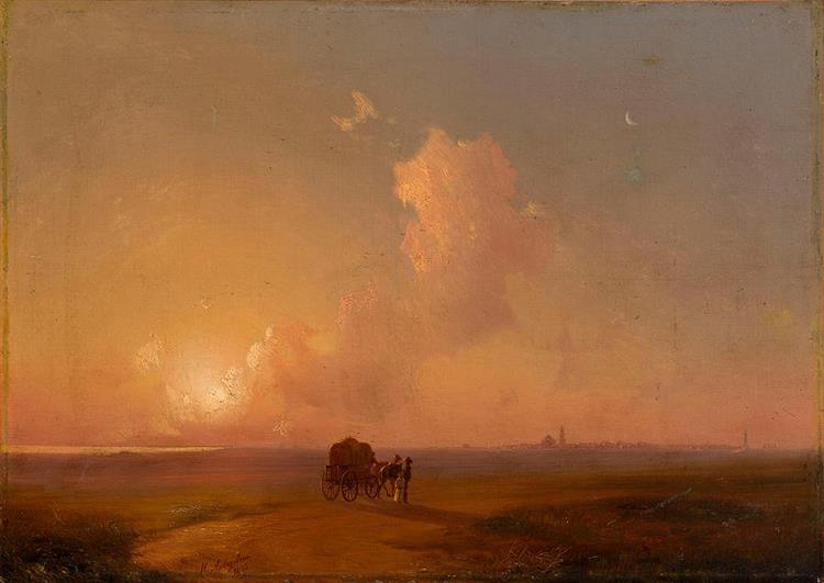 Camel Cart at Sunset in a Coastal Landscape - Iván Aivazovski