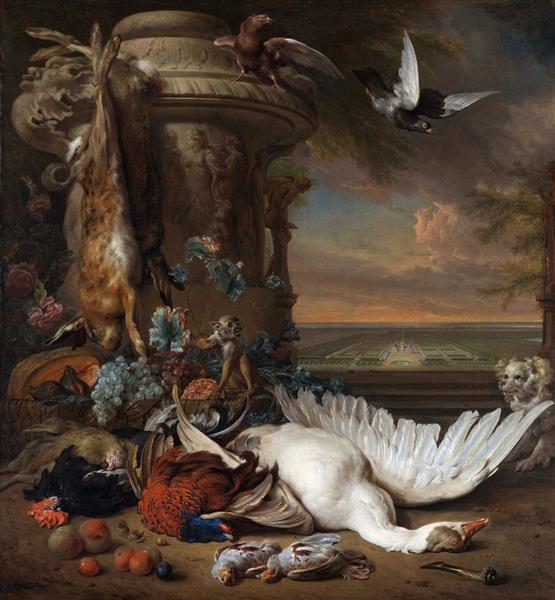 Hunting and Fruit Still Life next to a Garden Vase, with a Monkey, Dog and two Doves, 1714 - Jan Weenix