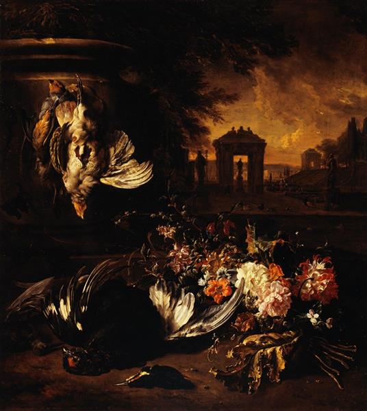 Flowers and dead game in front of a landscape - Jan Weenix