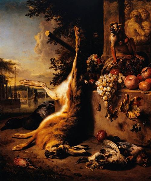 Dead game, monkey and fruits in front of a landscape - Jan Weenix