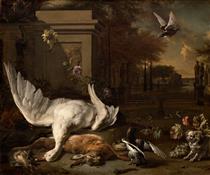 Still Life with Swan and Game before a Country Estate - Jan Weenix