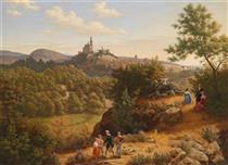 Trip to the countryside, in the background a village landscape - Ludwig Richter