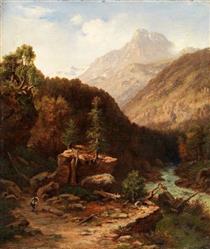 Mountain landscape with stream between rocks - Ludwig Richter