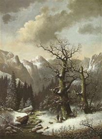 A mountainous winter landscape with hunters resting by a fire - Jakob Becker