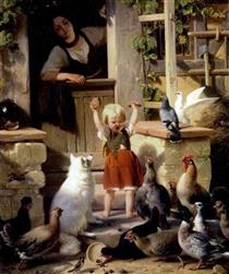 The coveted treat (child in the chicken yard) - Jakob Becker