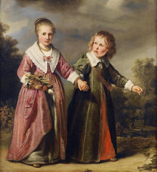 Portrait of a Young Girl Holding a Posy of Flowers and a Young Boy in a Landscape - Ferdinand Bol