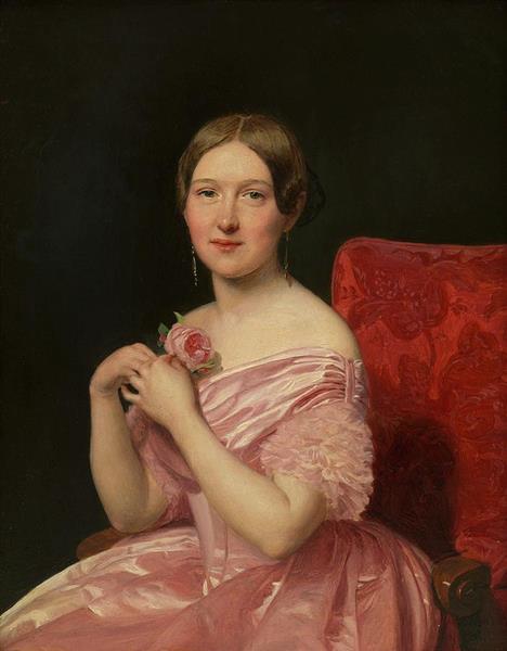 Young Lady In Pink Atlas Dress - Ferdinand Georg Waldmüller
