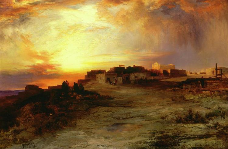 Pueblo at Sunset - Томас Моран