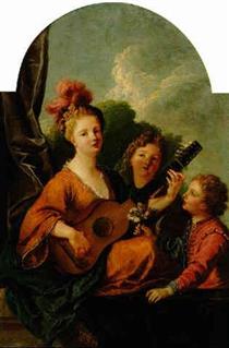 A woman playing guitar at a balustrade with a girl and a boy listening - François Marot