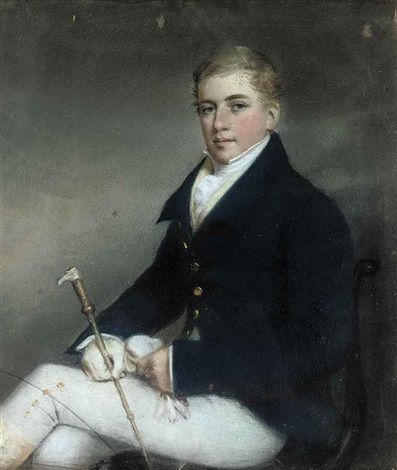 Portrait of a gentleman seated on a chair in hunting attire - James Sharples