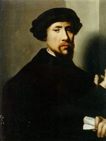 Portrait of a bearded gentleman wearing a black hat and holding a letter - Joos van Cleve